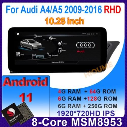 10.25" Snapdragon CPU Android10 Auto Radio Multimedia Player GPS Navigation for Audi A4 A4L A5 2008-2016 RHD Cars Stereo Screen