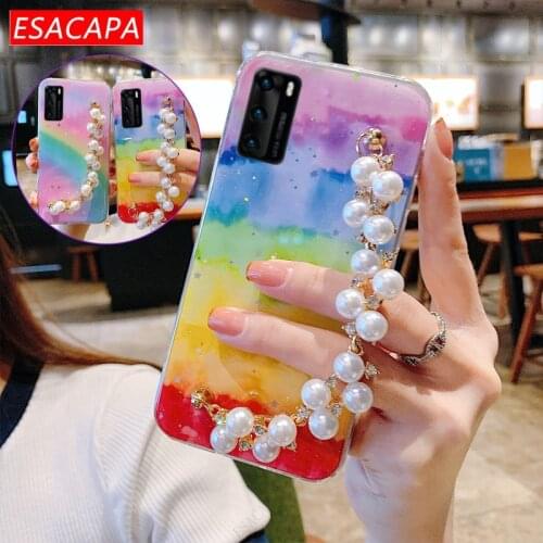 Pearl Bracelet Case For Huawei P40 Pro Y6P 2020 Glitter Rainbow Silicone Phone Cover For Huawei Nova 7 5i Pro 7 6 SE 4E P30 Lite