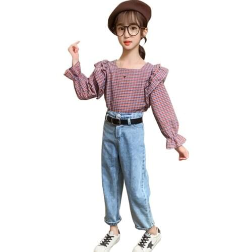 Kids Clothes Girls Plaid Pattern Girls Clothing Blouse + Jeans Tracksuit For Girl Autumn Winter Childrens Clothes Set