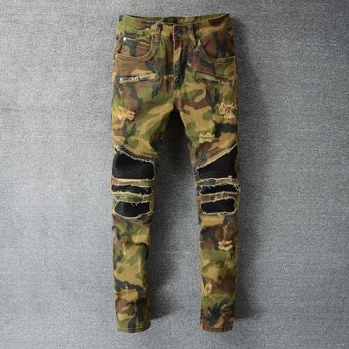 Camouflage Military Style Jeans Mens Black Ripped Stitching Motorcycle Pants Mens Trend Punk Jeans Men Hip Hop Jeans Men