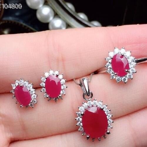 Elegant 100% Real and Natural Ruby Set 925 Sterling Silver 1pc Ruby Ring,2pcs Ruby Earring,1pc Ruby Pendant