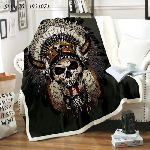 Indian Skull 3D Printed Fleece Blanket for Beds Thick Quilt Fashion Bedspread Sherpa Throw Blanket Adults Kids 03