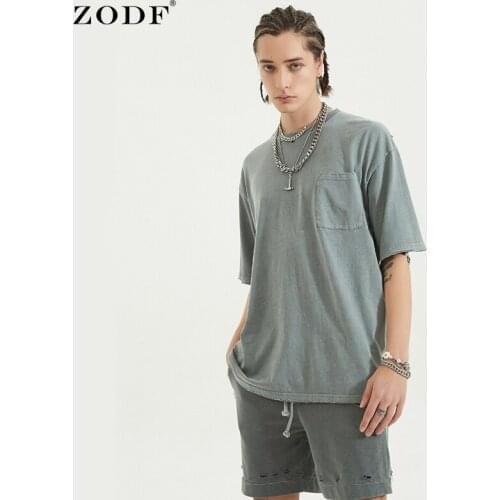 ZODF Trendy Summer Mens Cotton Pocket T Shirts Loose Unisex Wahed Retro Broken Holes Half Sleeve T-Shirt Brand Tops HY0263