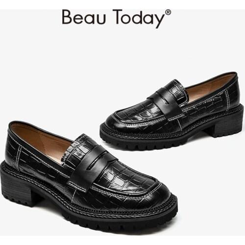 BeauToday Penny Loafers Women Cow Leather Stone Pattern Round Toe Spring Autumn Platform Ladies Flat Shoes Handmade 27729