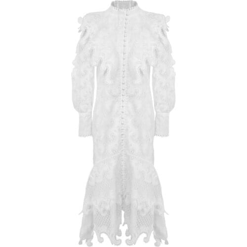 Fashion heavy industry New lace embroidery Ruffle hem long sleeve shirt dress