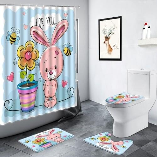 Cartoon Kids Shower Curtains Funny Rabbit Cat Deer Bear Pattern Children Bathroom Decor Set Non-slip Mat Bath Carpet Toilet Mats
