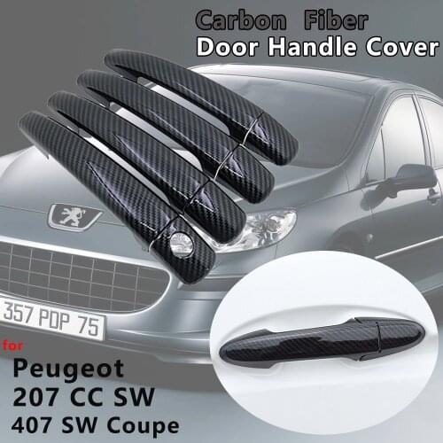 4 PCS Gloss Black Carbon Fiber Door Handle Cover Catch Trim Cap Set Exterior Car Accessories for Peugeot 207 CC SW 407 SW Coupe