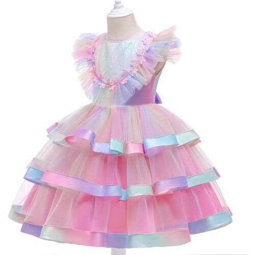New Rainbow Forged Childrens Dress Skirt Fluffy Mesh Sequined Princess Dress School Performance Birthday Dress