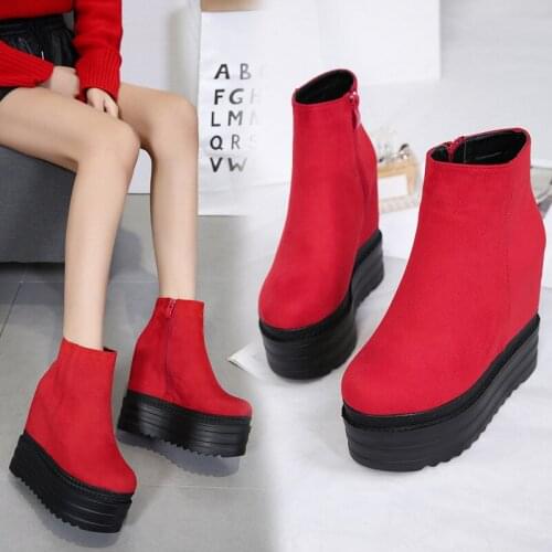 Shoes Boots Women New 2021 Round Toe Ladies Lolita Rubber Mid Calf Mid-Calf Low Wedge Hoof Heels Solid Flock Fabric Rome