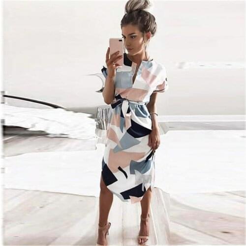 V neck New Women Spring summer Dress female Fashion Geometric Print Elegant Cute Sashes Sexy Slim Dress Women Dresses Vestidos