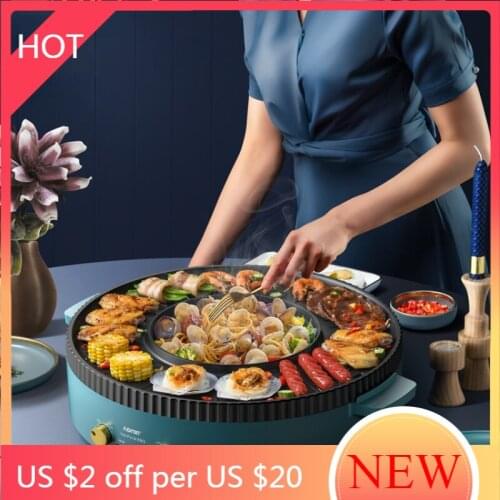Portable Bbq Grill Electric Indoor Hot Pot Green High Capacity Bbq Grill Oven Multifunction Party Plancha Kitchen Tools AG50SK