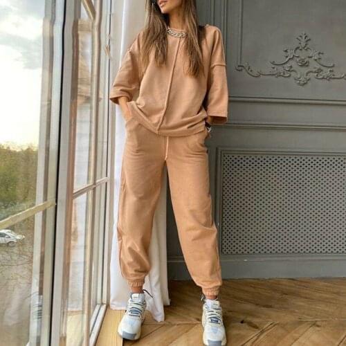 Casual Womens Two-piece Suit Spring Fashion Outfits O-neck Tops Trousers Tracksuits 2021 Solid Loose Home Wear Sets New
