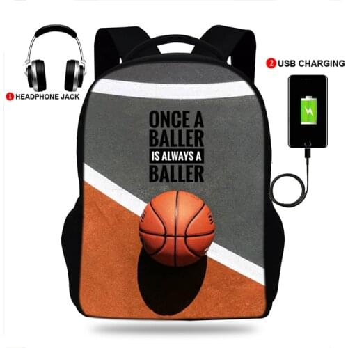 17inchLuxury Basketball Basket Print College Backpack usb Charger Schoolbag Laptop Backpacks for Teenage School Bag Boys Mochila
