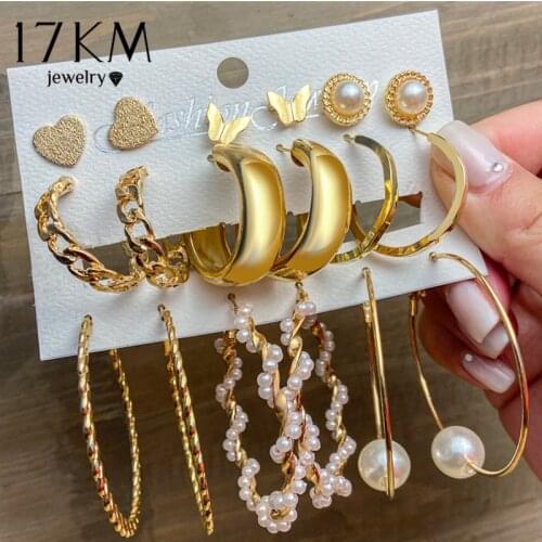 Trendy Big Pearl Drop Earrings Set For Women Fashion Gold Geometric Circle Chain Earrings 2021 NEW Set of Earrings Jewelry