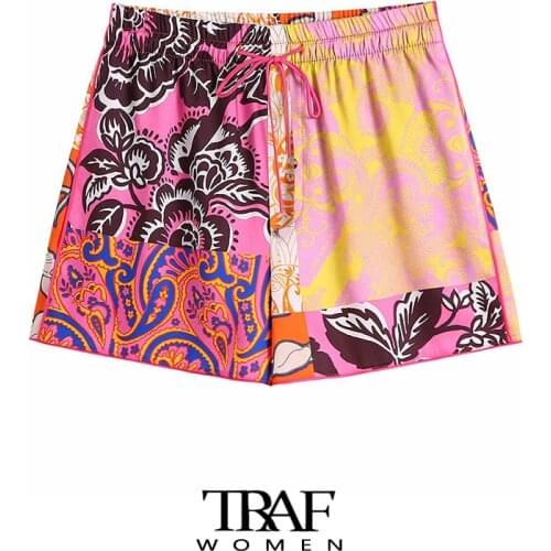 TRAF Za Women Fashion Patchwork Printed Cozy Shorts Vintage High Elastic Waist With Drawstring Female Short Pants Mujer