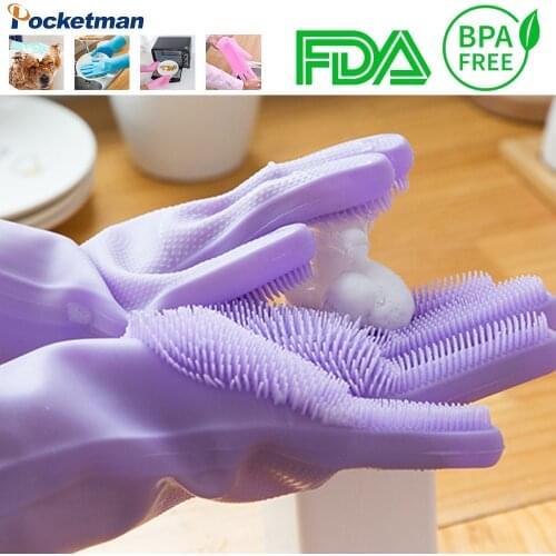 Dishwashing Cleaning Gloves Magic Silicone Scrubber Dish Washing Sponge Rubber Scrub Gloves Kitchen Cleaning Tool Scrub 1 Pair