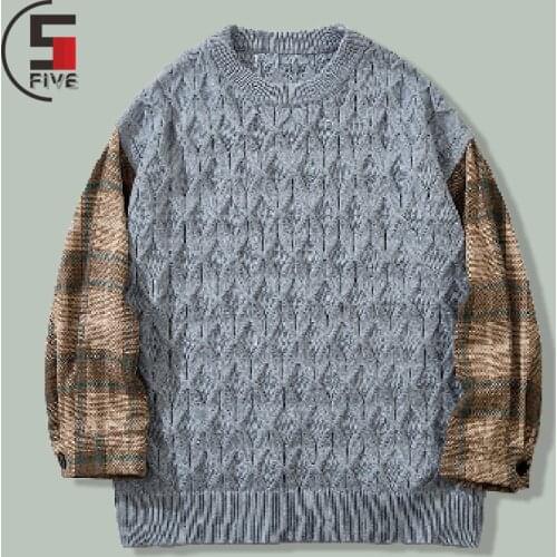 Hip Hop Lattice Patchwork Long Sleeve Sweater Men Harajuku Streetwear Fashion Casual Knitted Sweaters NEW Autumn Campus Pullover