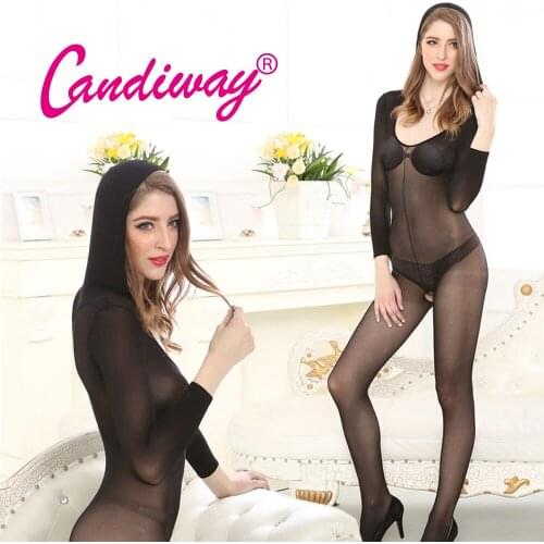 Candiway Women Sexy Erotic Transparent Long Sleeve Hooded Bodystockings Elastic Tight Bodysuit Underwear Black Temptation