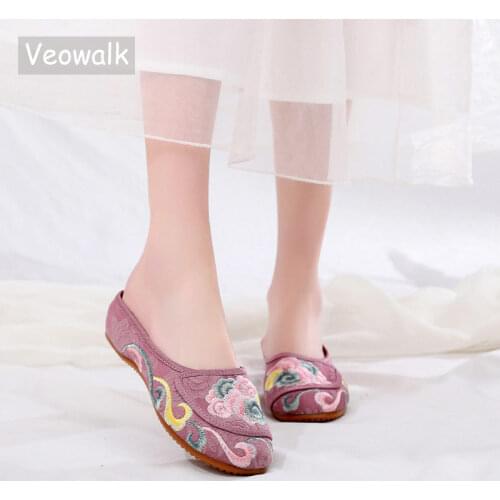 Veowalk Women Jacquard Fabric Slippers Mules All Seasons Vegan Ladies Comfortable Slide Flat Shoes Chinese Embroidery Shoes