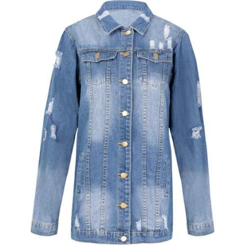 Autumn Winter Denim Jacket Oversize Women Jeans Jackets Outwear Casual Long Sleeve Ripped Denim Long Coat Streetwear Tops