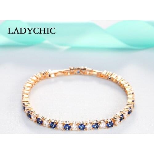 LADYCHIC New Fashion Natural Zircon Bracelet Blue and Clear Crystal Tennis Bracelets for Women Men Gold Wedding Jewelry LB1011