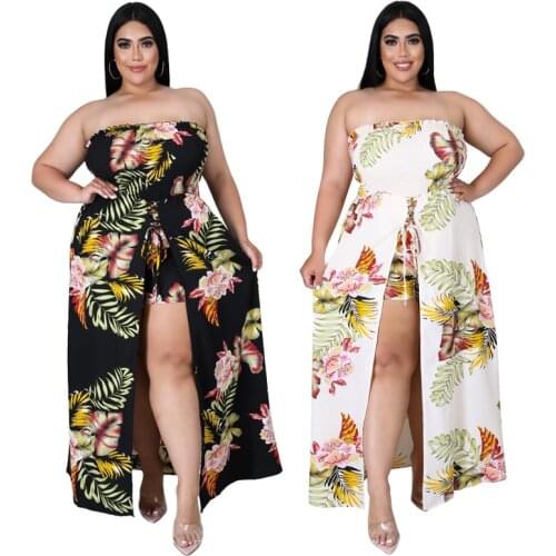 Plus Size XL-5XL Leaves Print Rompers Womens Jumpsuit Off The Shoulder Strapless Ruched Playsuit Summer High Split Beach Outfits