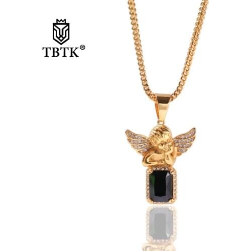 TBTK Tiny Angel Baby Leaning On The Square Gem Black/Clear Pendant Necklace Creative Luxury Jewelry Hiphop Man Punk Party Gifts