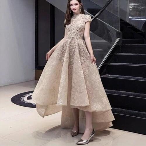 Luxury High Neck Asymmetrical Evening Dress Short Sleeve Lace Beading Muslim Prom Gowns For Women Robe De Soiree LE4043