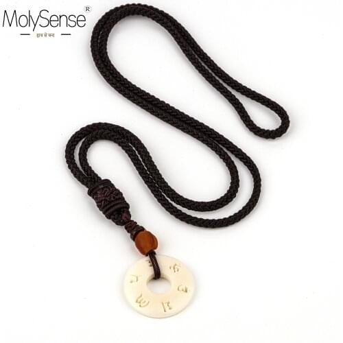MolySense Tibetan Buddhist Handmade Simple Rope Chain With OM Mantra Sign Tagua Nut Pendant Necklace Buddhism Amulet Necklace