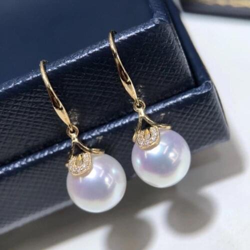 D512 Pearl Earrings Fine Jewelry Solid 18K Gold Round 9-9.5mm Nature Ocean Sea Wate Japan Akoya Pearls Drop Dangle Earrings