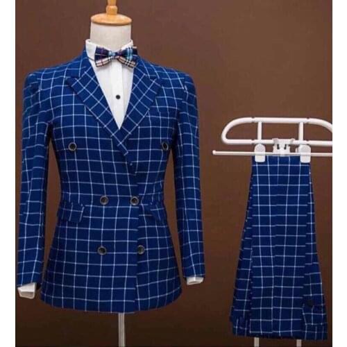 2021 Classic Blue Plaid Men Suits Costume Homme Slim Fit Wedding Prom Terno Masculino Groom Tuxedos Blazer 2 Pc Jacket Pant