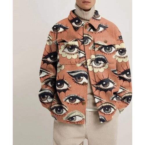 Hipster Mens Turn-down Collar Buttoned Jacket 2021 Autumn Winter Fashion Abstract Printed Loose Coats Men New Casual Streetwear