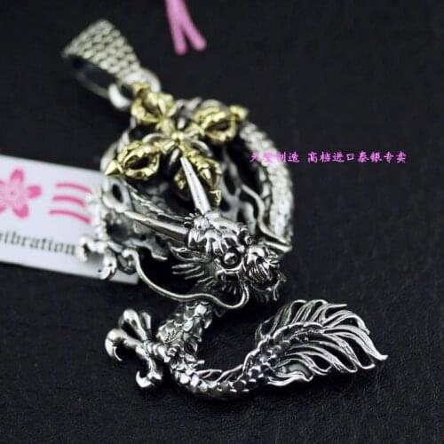 New S925 pure silver jewelry male pendant retro Thai silver domineering dragon drop Vajra pestle pendant for man
