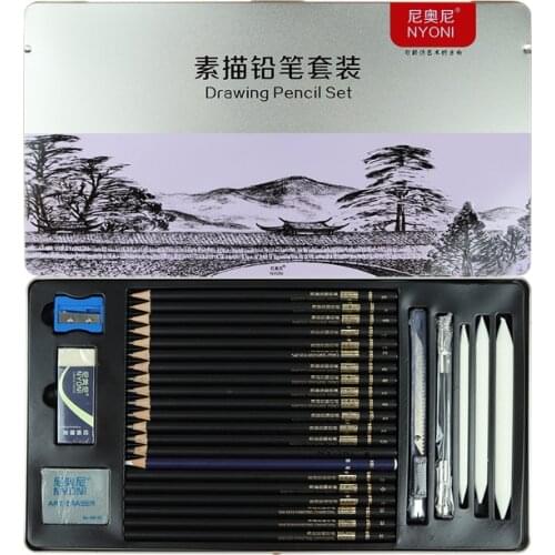 NYONI 29pcs Sketch Pencil Set 2H/H/HB/2B/4B/6B/8B/12B/14B Charcoal Pen Log Pencil Drawing Kit For School Students Art Supplies
