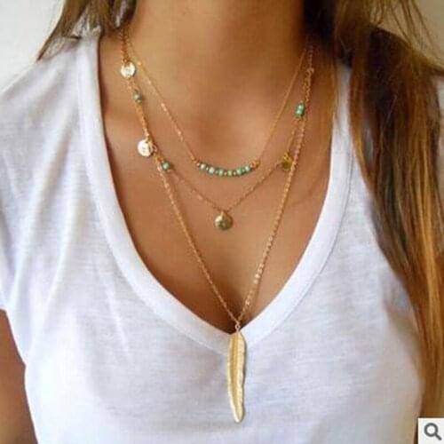 Boho style necklace simple metal leaf multilayer handmade charm rice beads beaded feather pendant necklace ladies gift