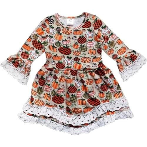 Little Girls' Long Sleeve Dress 2020 New Fashion Casual Halloween Pumpkin Round Neck Lace Princess Dress 1-6Y