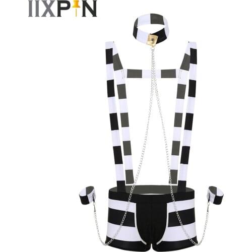 Sexy Cosplay Uniform Adult Mens Prisoner Halloween Cosplay Costume Sex Homme Role-playing Games Erotic Lingerie Catsuit Clubwear
