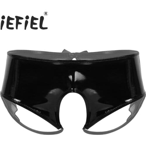 Sexy Fashion Male Mens Exotic Panties Patent Leather Lingerie Open Crotch with Sheer Organza Trim Sissy Briefs Underwear Panties