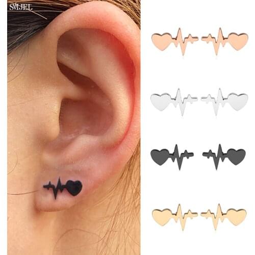 New Trendy Black Heartbeat Stud Earrings for Women Men Small Hip hop Jewelry Heart Stainless Steel Earings Doctor Pendientes