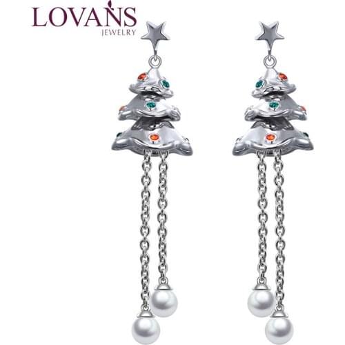 LOVANS 925 Sterling Silver Drop Earrings Naturel Pearl Zirconia Earrings Christmas Tree Design For Lover