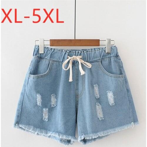 New 2021 Korea style summer plus size jeans shorts for women large loose blue cotton hole pocket belt denim shorts 3XL 4XL 5XL