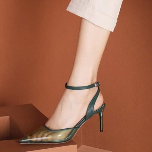 Clear PVC Ankle Buckle Thin High Heel Shoes Sexy Pointed Toe Spring Women Runway Dress Shoes Transparent Spring Autumn Pumps