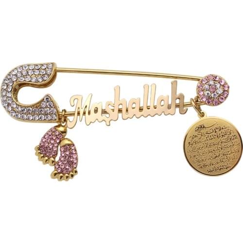 Turkish evil eye AYATUL KURSI Mashallah Stainless Steel pink brooch islam muslim Baby Pin