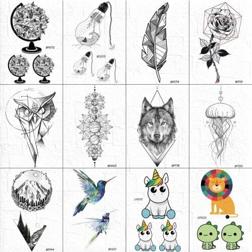 Lovely Black Fake Wolf Tattoos Temporary Women Body Arm Art Geometry Tattoos Sticker Waterproof Cartoon Bulb Leaf Tatoo Children