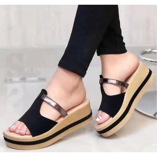 2021 Women Metal Wedeges Platform Slippers Woman Casual Slide Female Summer Beach Shoes Ladies Big Size Comfortable Footwear