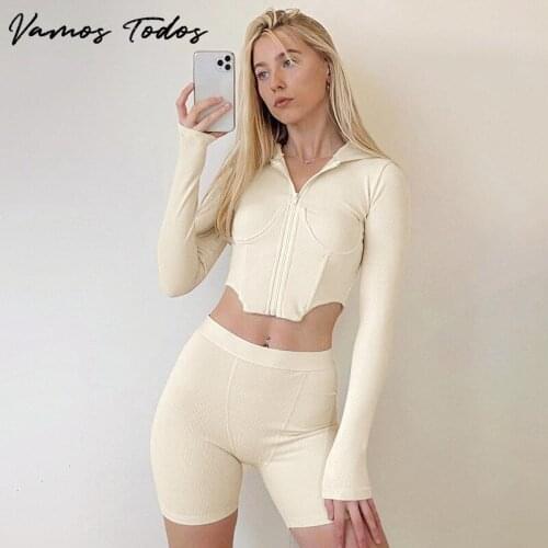 2021 Autumn Zipper Long Sleeve Hoodies Top Set Short Slim Pants Solid 2 Piece Sets Outfit For Women Casual Sports Tracksuits