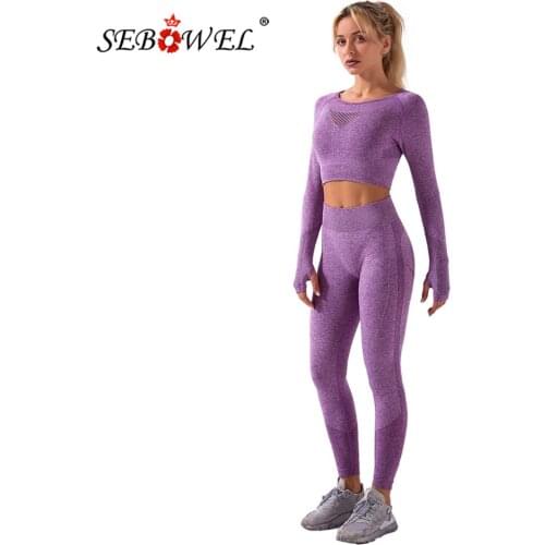 SEBOWEL Autumn Womens Sports Two Pieces Set Female Long Sleeve Cropped Tops + Pants Running Tracksuit Workout Clothes