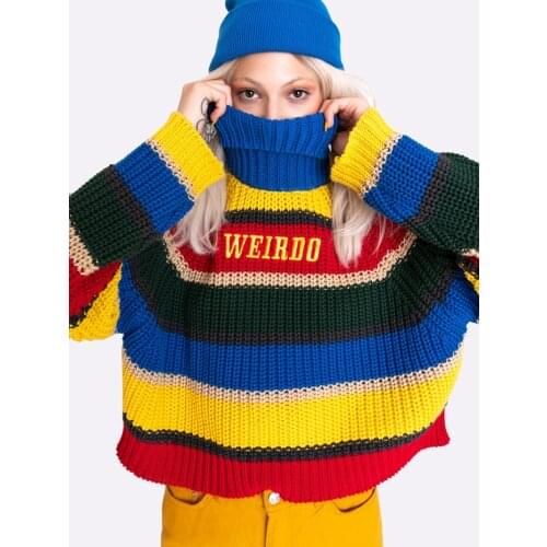 Harjuku Contrast Stripes Roll Turtle Neck Knitted Jumper Turtleneck Sweater with Embroidery WEIRDO Oversize Top For Women