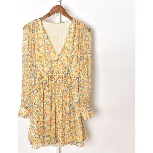 Women V-Neck Floral Print Mini Dress 2021 New Summer Fashion Sweet Elastic Waist Long Sleeve Short Dresses Robe Holiday
