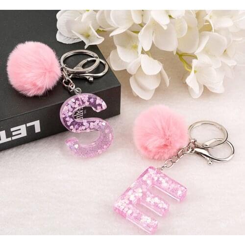 1PC Woman Keyring Pink Color English Letter Resin Keychain with Puffer Ball 26 Words A TO Z Handbag Charms